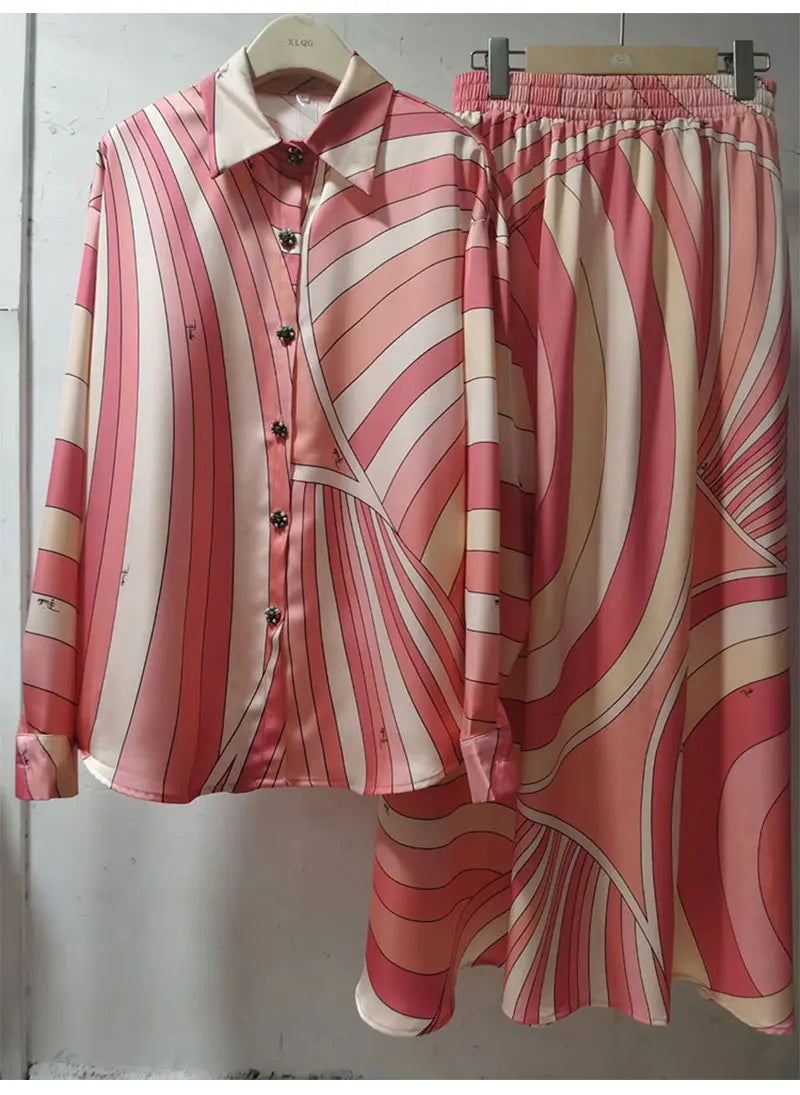 Retro Spring Fashion Two-Piece Set Geometric Print Long Sleeve Shirt Elastic Waist Fluffy Skirt Women's Holiday Outfit