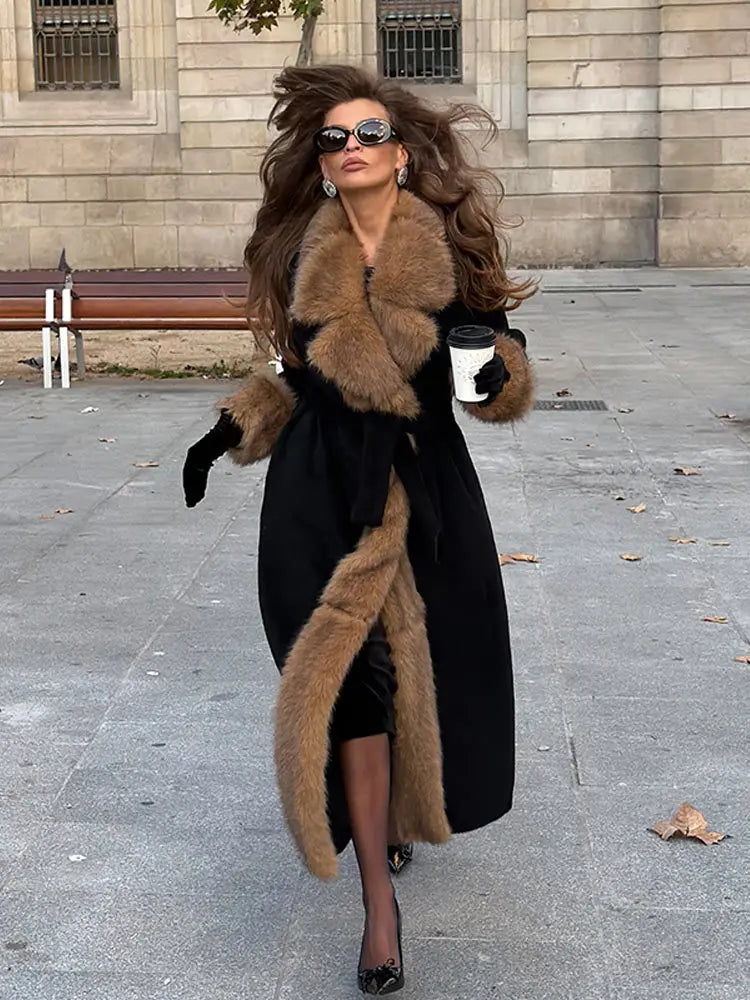 2026 Woman Vintage Faux Fur Woolen Long Luxury Overcoat Chic Full Sleeve V-neck Lace Up Loose Coat New Lady Commute Warm Outwear
