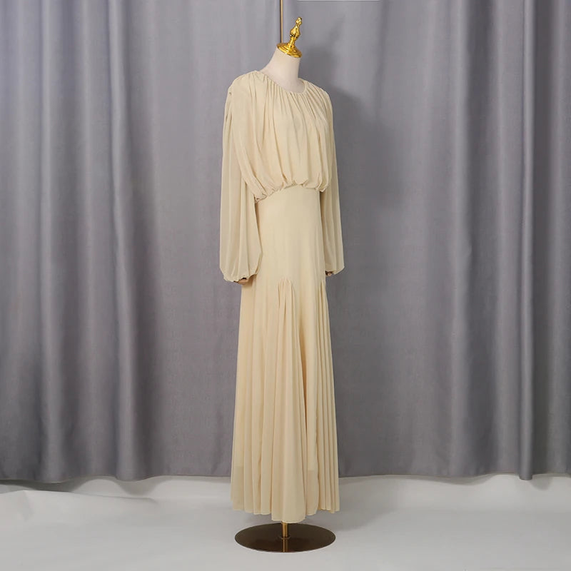 VGH Yellow Dinner Loose Folds Maxi Dresses for Women O Neck Shoulder Pud High Waist Temperament Dress Female Fashion Clothing