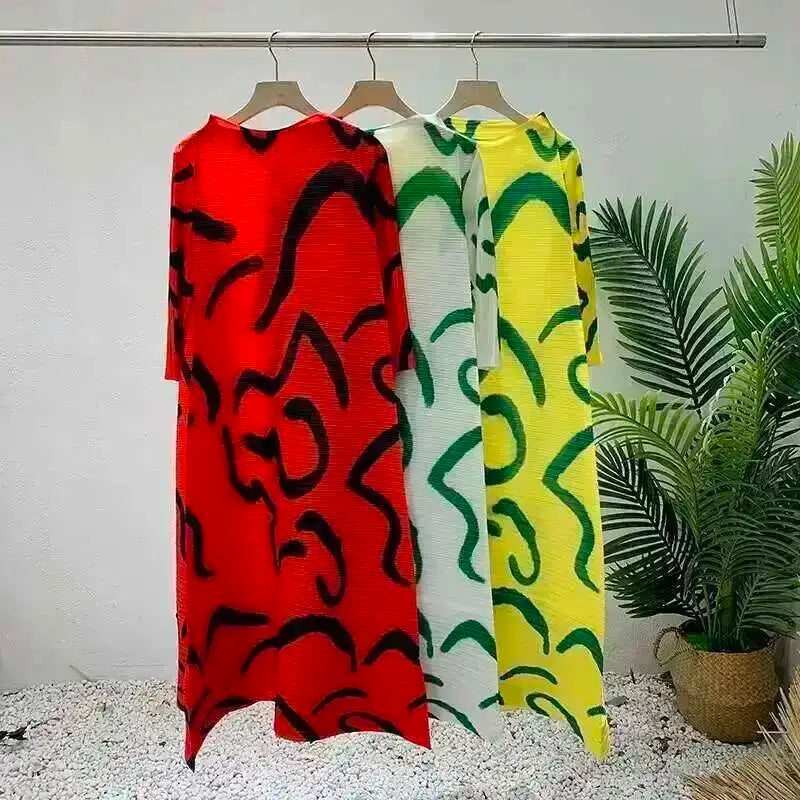 LANMREM Color Block Pleated Dress Women Loose Style Long Length Fashion Dresses Festival Clothes 2024 Spring Summer New 2DA1028