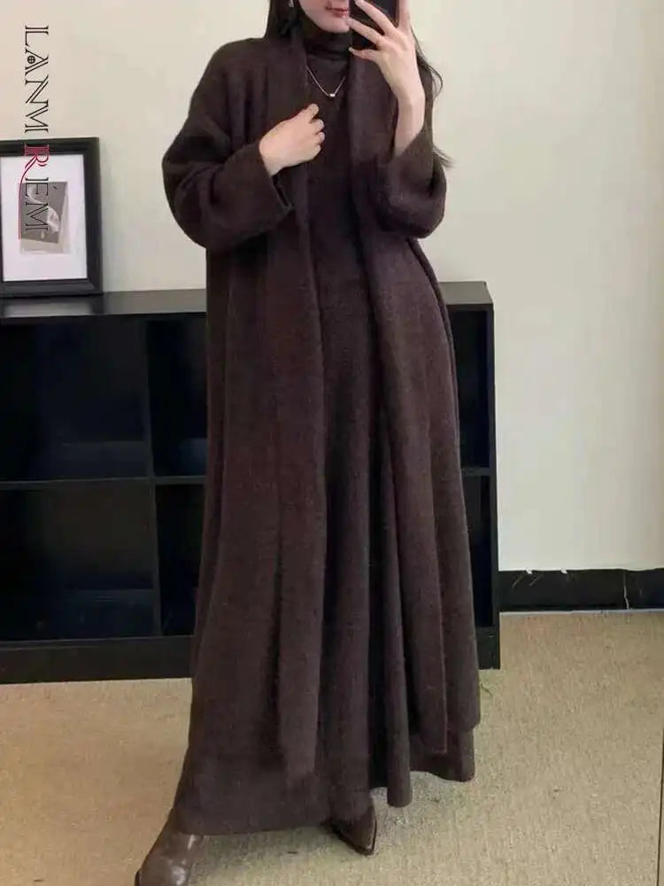 Ensemble 3 Pièces Tricoté Élégant Femme – Long Cardigan, Gilet Sans Manches, Jupe Longue Taille Haute Évasée