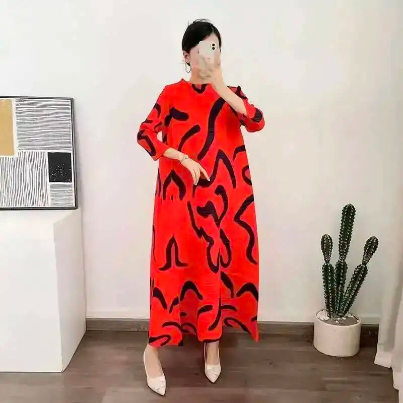 LANMREM Color Block Pleated Dress Women Loose Style Long Length Fashion Dresses Festival Clothes 2024 Spring Summer New 2DA1028