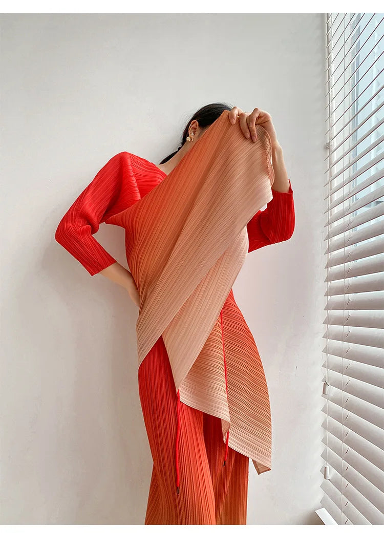 Miyake Fold Suit for Women 2024 Spring Summer Loose Foreign Style Two-piece Fashion Meat Shield Wide-leg Pants Two-piece Set