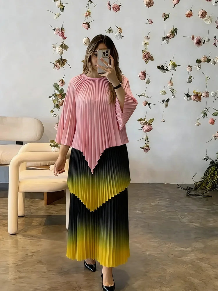 Women's Gradient Pleated Two-Piece Set | Irregular Top & High-Waist A-Line Skirt | Plus Size | AvantBah