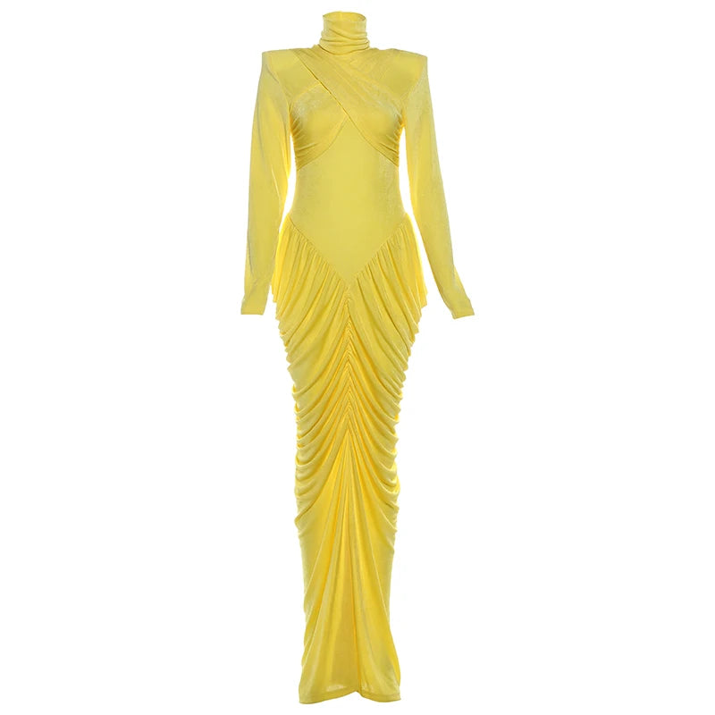 Weird Puss Autumn New Style Maxi Dress Women Turtleneck Full Sleeve Backless Skinny Stretch  Prom Party Ruched Elegant Vestidos