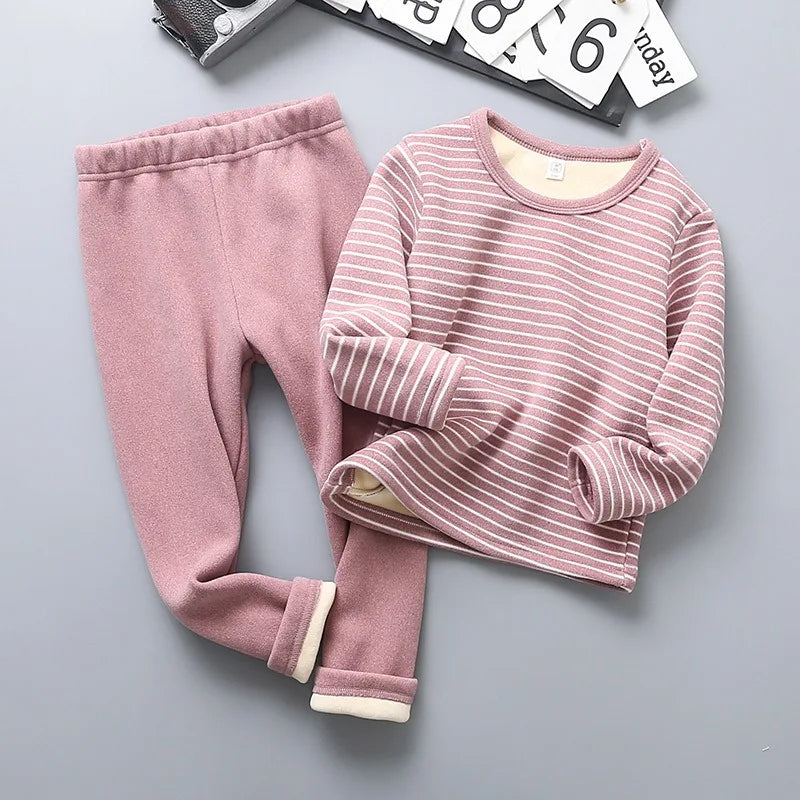 Children's Fleece Lined Thermal Underwear Set Boys Girls Stripe Design Thickened Unisex Autumn Thermal Pajamas 4-6 Years
