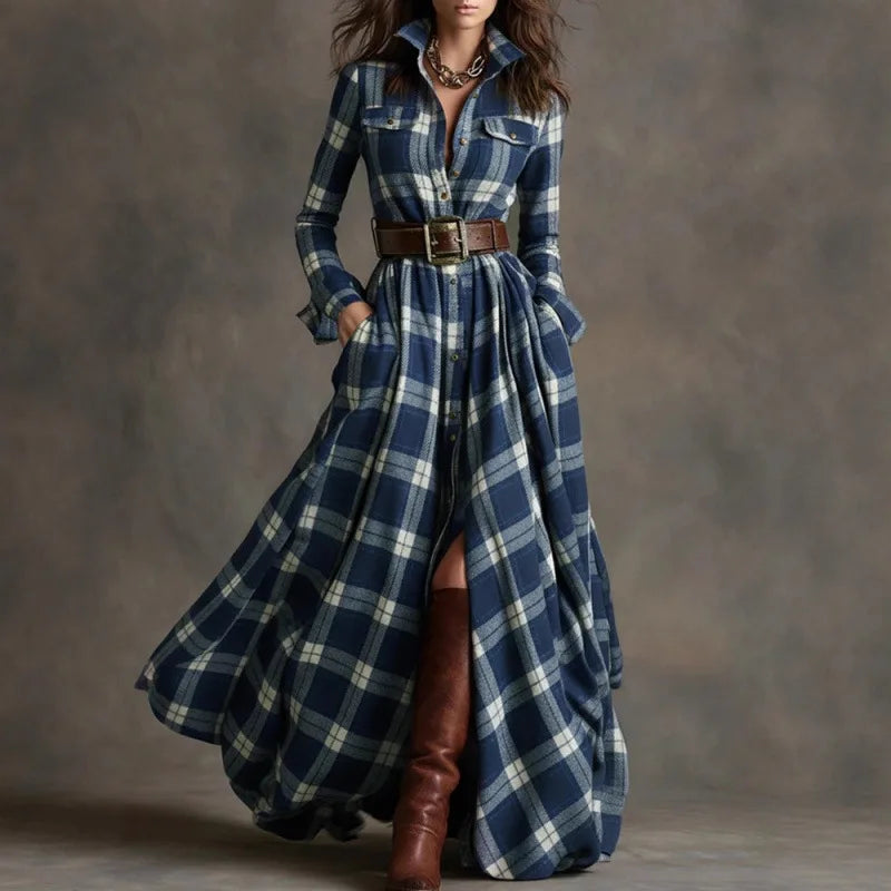 French Retro Plaid Print Slit Long Dresses Woman Elegant Turn-down Collar Button Maxi Dress Autumn Long Sleeve Pocket Boho Dress