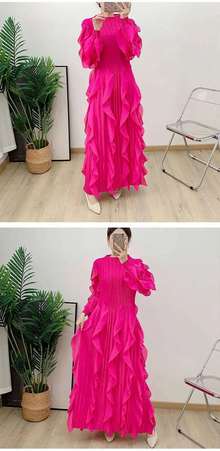 LANMREM Elegant Pleated Dress For Women Stand Collar Puff Sleeves High Stretch Personalized Dresses 2025 Spring New 2Z2817