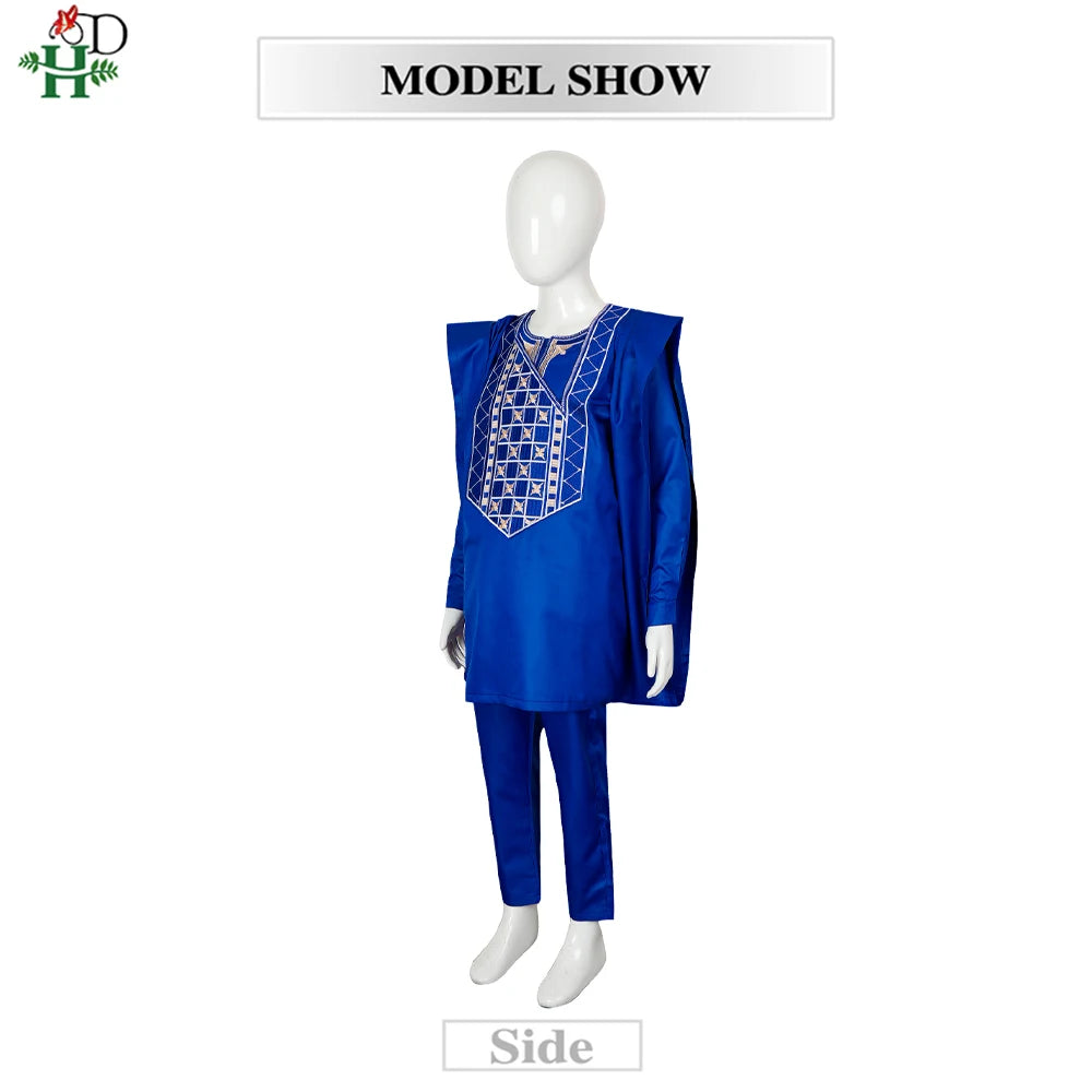 Boys White Blue Long Sleeve Tops Embroidery Dashiki Robe Shirt And Pant Set 3 PCS