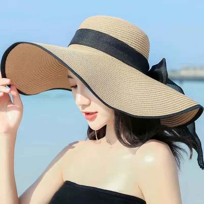 Women's Oversize Brim Straw Hat Women's Summer Sun Block Big Brim Hat Seaside Bow Beach Hat Suitable For Sun Protection