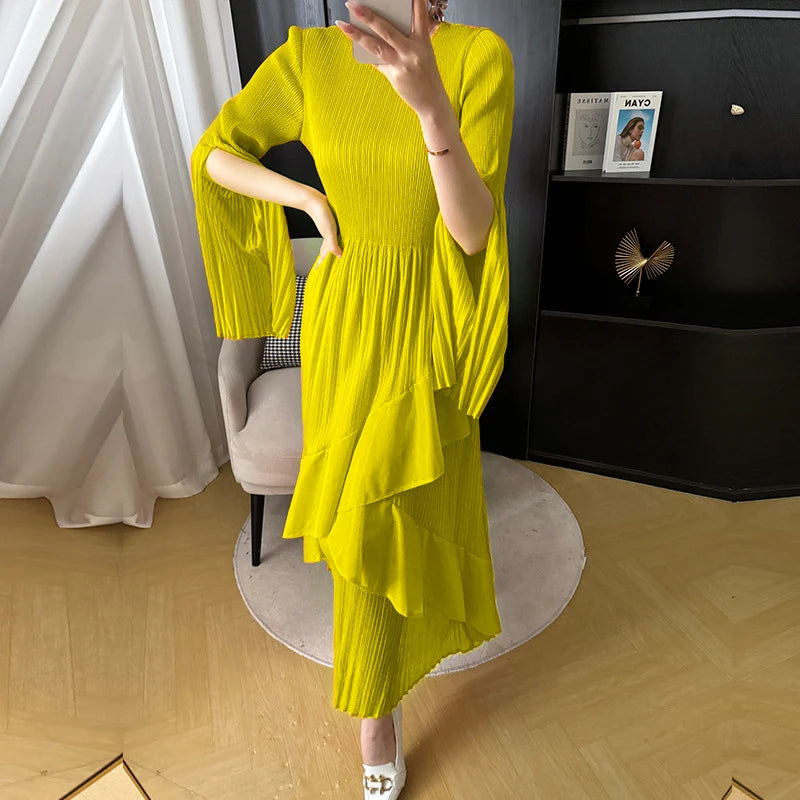 Ruffled Butterfly Sleeve Long Dress | Shirred A-Line Casual Dress