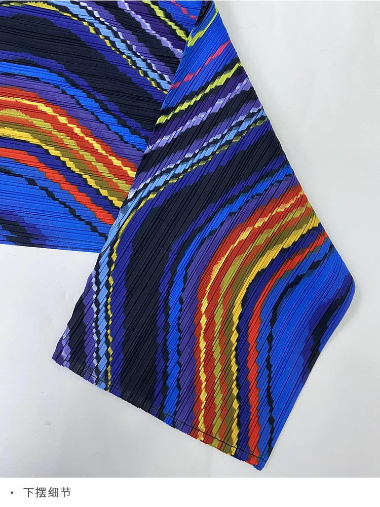2025 Spring New Women's 2 Piece Set Miyake Pleated Top Fashion Stripe Age Reducing Suit Fashionable Matching Printed Half Skirt
