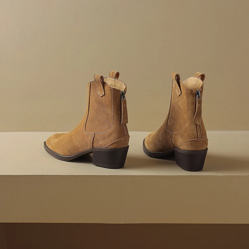 New 2025 Trend Autumn Cow Suede Women Western Boots Black Brown Khaki Chocolate Green Burgundy Pointed Toe Ladies Ankle Boots
