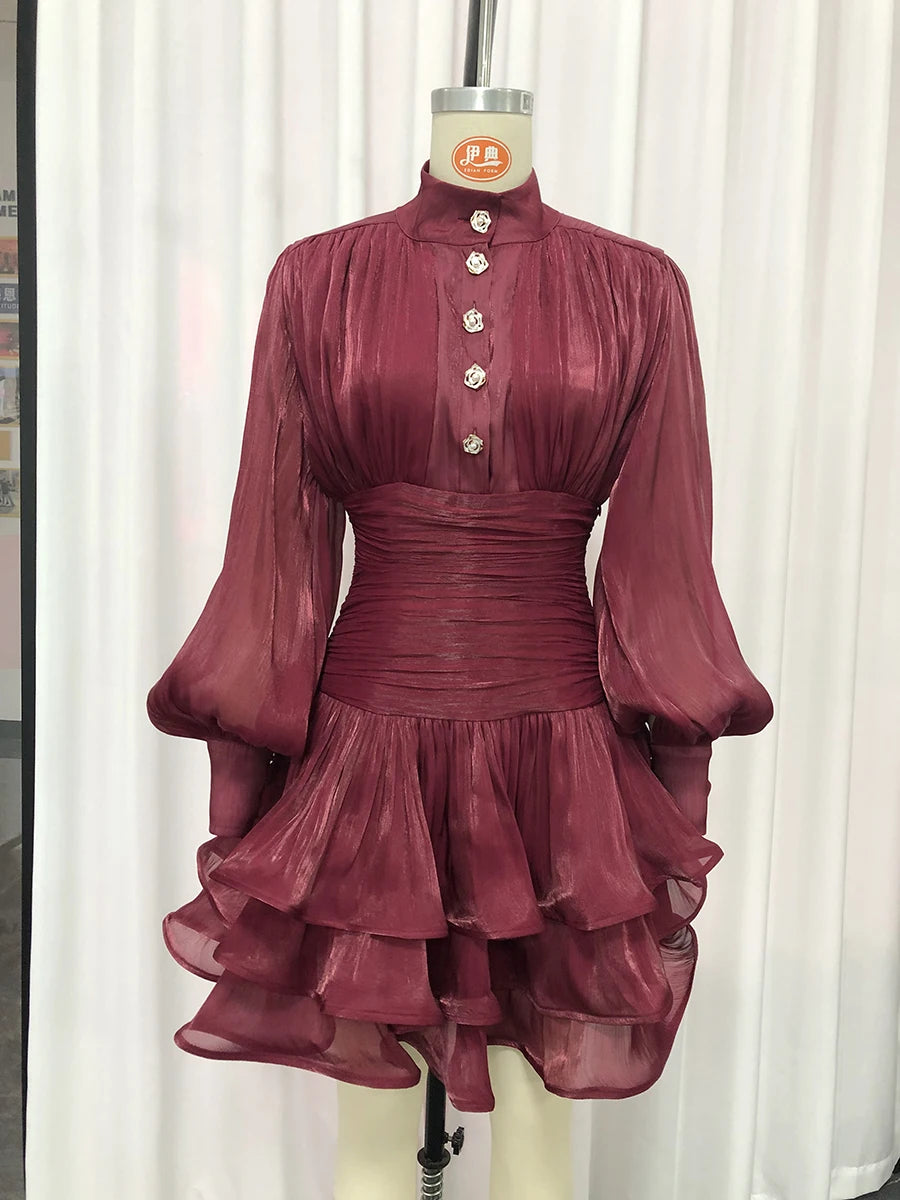 VGH Elegant Pink High Neck Organza Fabric Mini Dresses for Women Puff Sleevs Ruched Waist Tiered Ruffles for Cocktail Parties