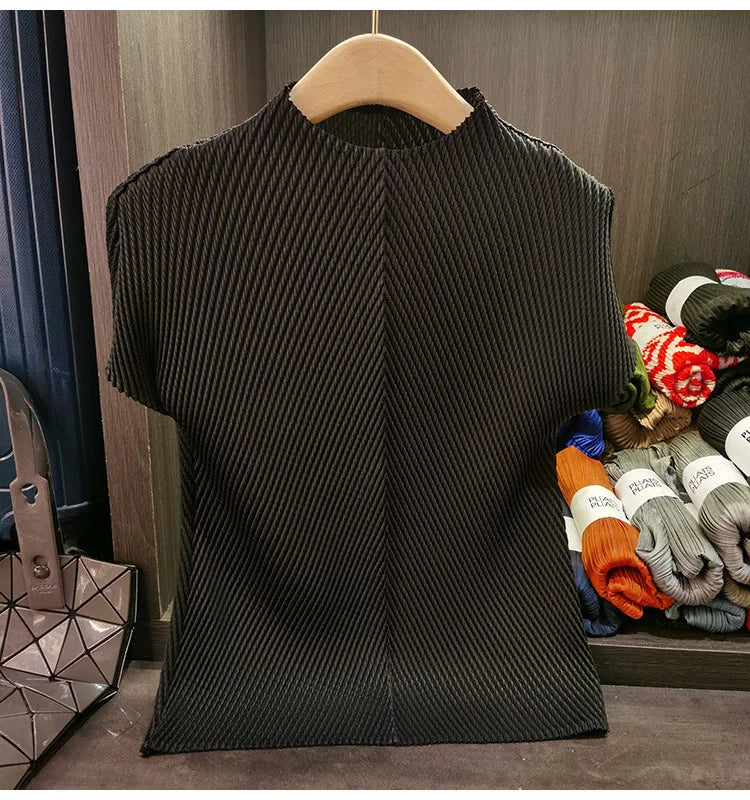 LANMREM Stand Collar Dragon Scale Pleated T-shirt High-end Versatile Slimming Short Sleeved Women's Summer Pullover Tops 2DB3044