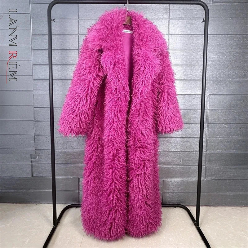 LANMREM Colorful Women's Furry Coat Rose Pink Faux Fur Coat Suit Collar Autumn Winter Thick Cardigan Long Overcoat Chic 2DB5859