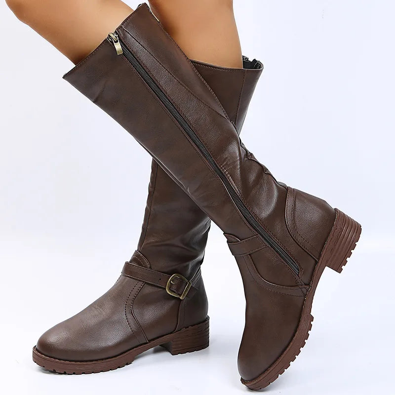 Women Knee High Boots Platform Long Boots Low Heels Round Toe Shoes New Zip Brown High Boot Vintage Pu Leather Women Boots 2025