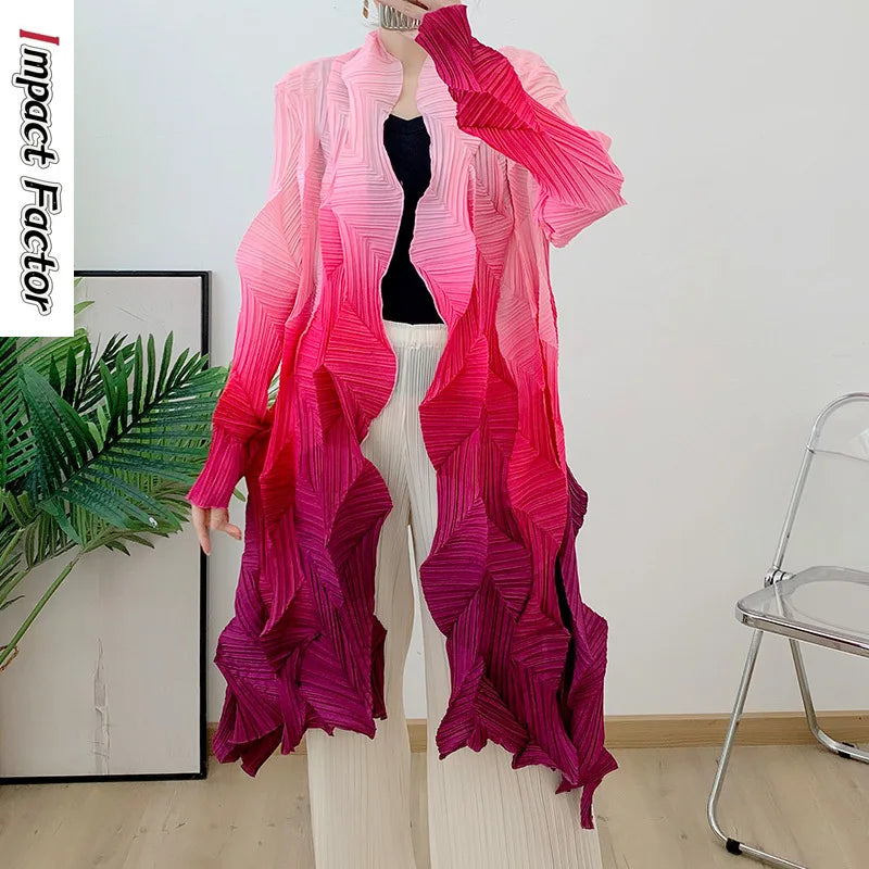 Women's Miyake Pleated Gradient Cardigan Cape Jacket | Loose Mid-Length Autumn Coat 2025 | AvantBah