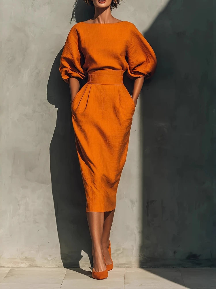 Elegant Fashion Solid Party A-lien Dress Casual O-neck Lantern Sleeve Pocket Dress Temperament High Waist Pleated Wrap Hip Dress
