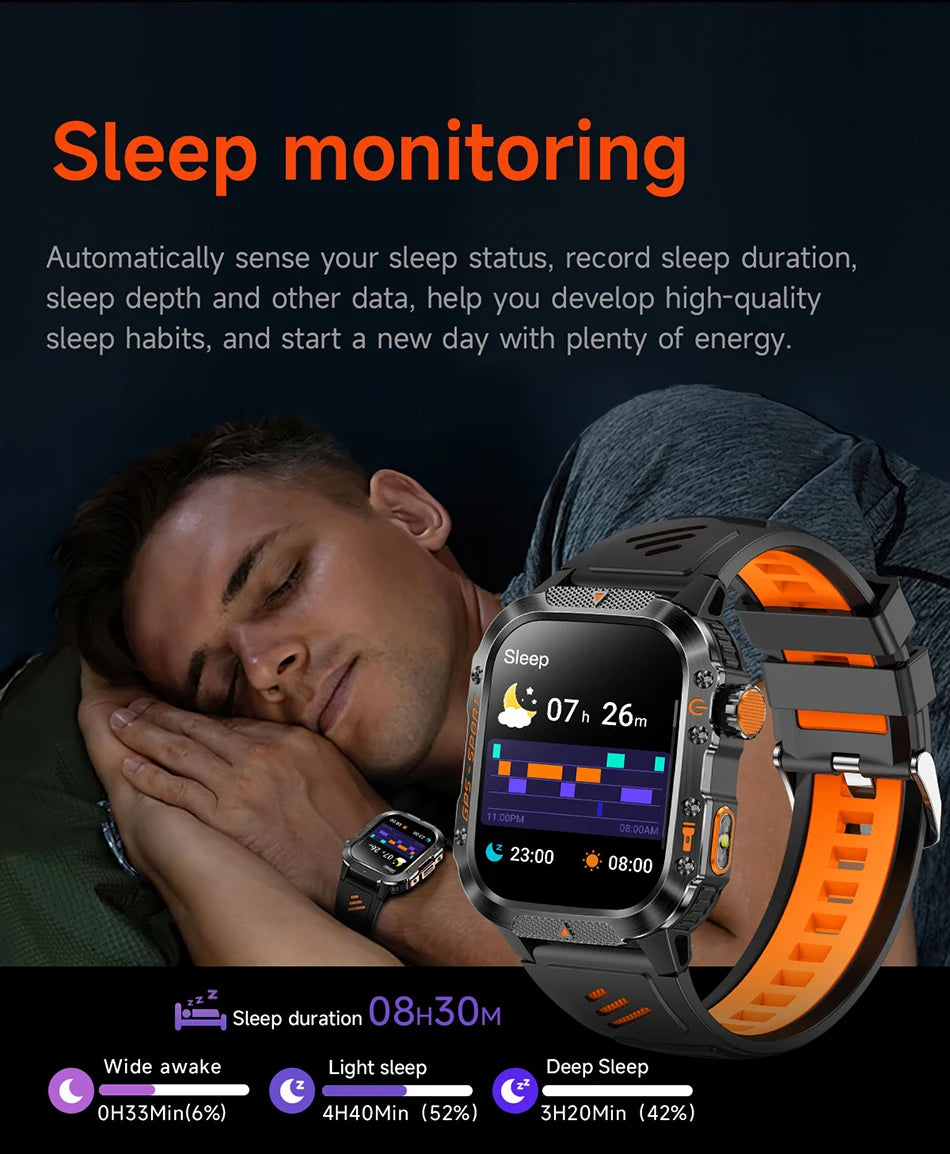 Military GPS Smartwatch Men | 2.01" AMOLED Flashlight Bluetooth 3ATM Waterproof