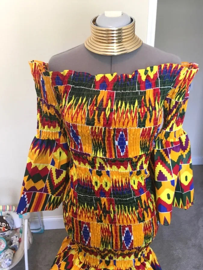 New African Dresses for Women Print Ruffles Sleeve Long Dresses Vestidos Stretch African Ankara Dresses Clothing WY4303