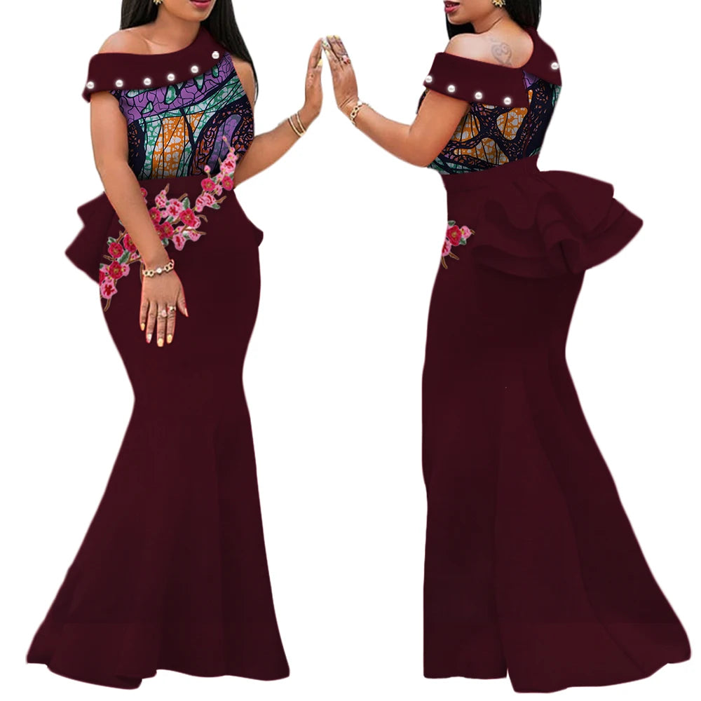 Women’s Ankara Print Appliqué & Pearl Long Dress – Draped | Kanga Riche | Wedding, Party & Traditional | XS–6XL + Custom | 11 Prints
