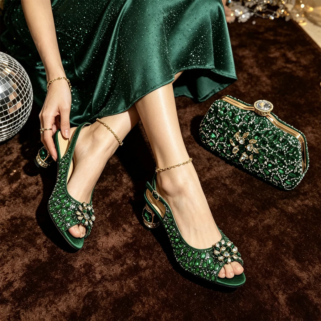 Sky Gold Elegant Nigerian Rhinestone Wedding Shoe and Bag Set Italian Inspired High Heels and Matching Handbag