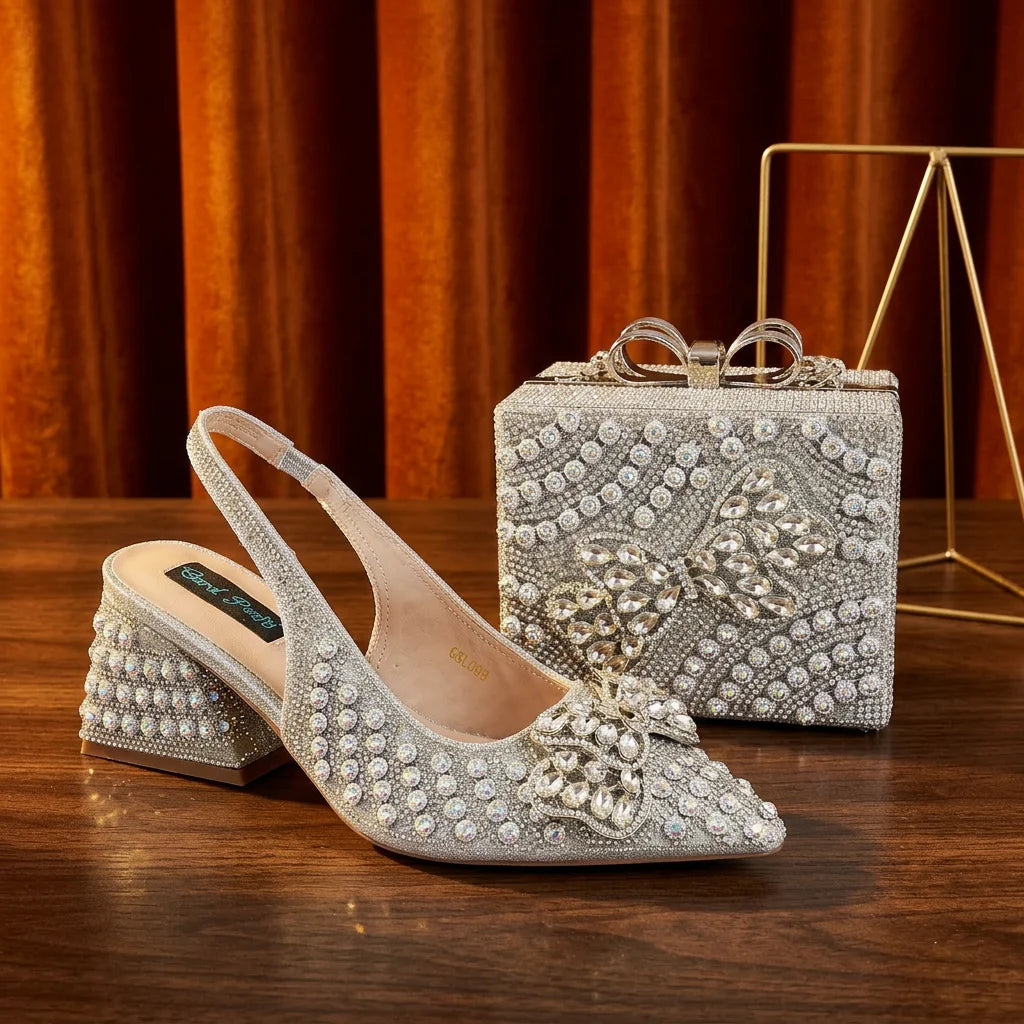 2026 New Arrival Italian-Inspired Champange Rhinestone Pointed Toe Women’s High Heels with Matching Handbag Set Elegant Wedding