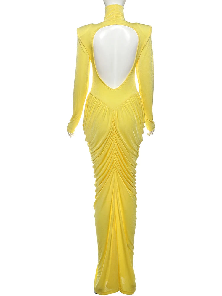 Weird Puss Autumn New Style Maxi Dress Women Turtleneck Full Sleeve Backless Skinny Stretch  Prom Party Ruched Elegant Vestidos