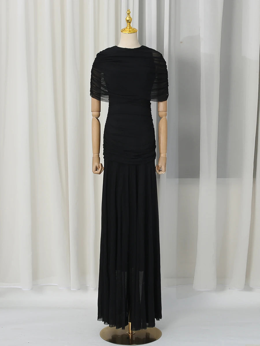 VGH Luxury Galas Event Black Sheer Mesh Ruched Maxi Dress for Women O Neck Short Sleeves Bodycon Silhouette Skirt for Red Carpet