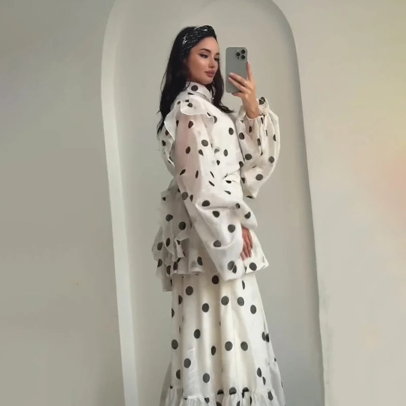 Polka Dot Skirt 2 Piece Set Women Casual High Collar Tie Full Sleeves Elastic High Waist Long Skirt Suit Lady Daily Outfit New