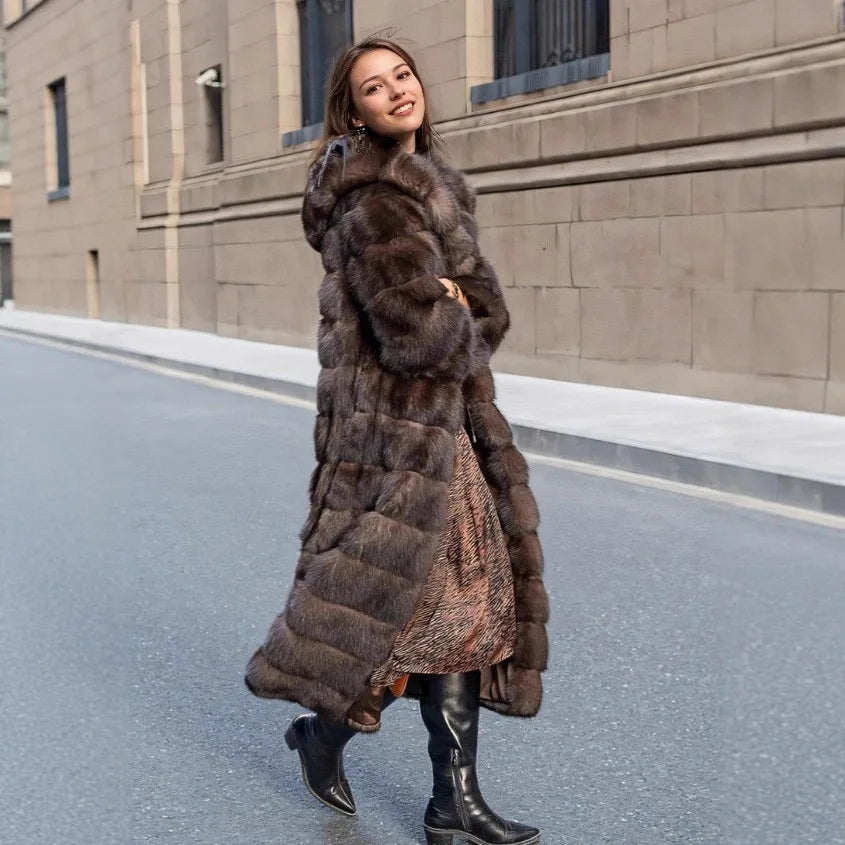 Manteau Chic Vintage Marron pour Femme, en Fausse Fourrure, à Capuche, Chaud, Épais, avec Bordure en Fourrure, Respectueux de l'Environnement