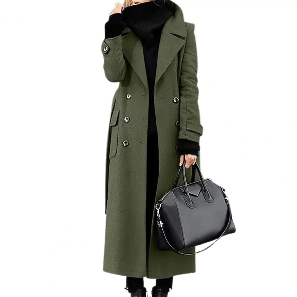 Women's Woollen Double-breasted Mid-calf Long Sleeves Jacket