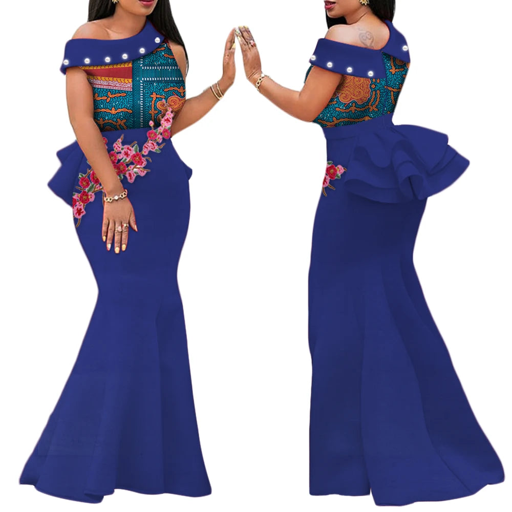 Women’s Ankara Print Appliqué & Pearl Long Dress – Draped | Kanga Riche | Wedding, Party & Traditional | XS–6XL + Custom | 11 Prints