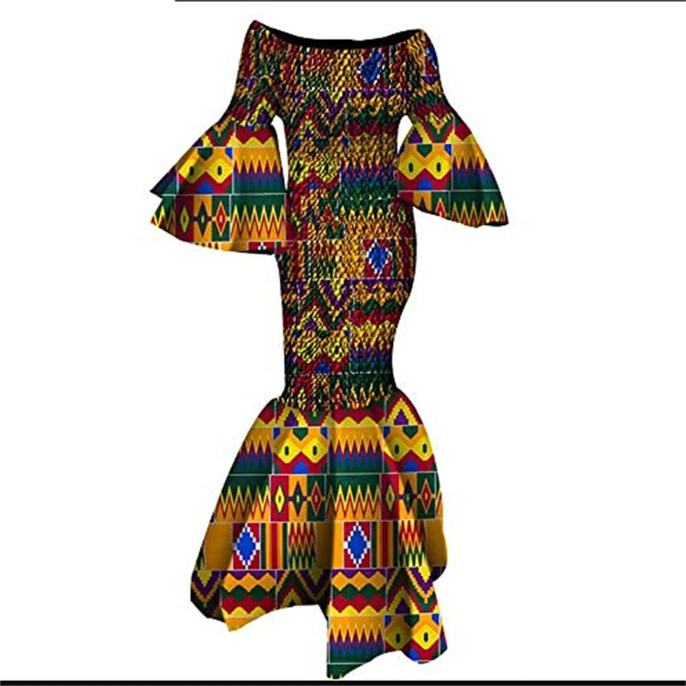 Women’s Ankara Print Ruffle Sleeve Stretch Maxi Dress – Draped | Kanga | Wedding, Party & Casual | XS–6XL + Custom | 9 Prints