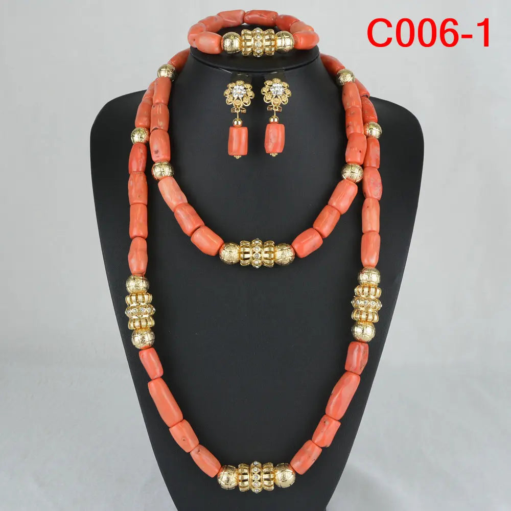 Latest Coral Jewelry Sets Nigerian Dubai Orange Necklace Sets of Beads African