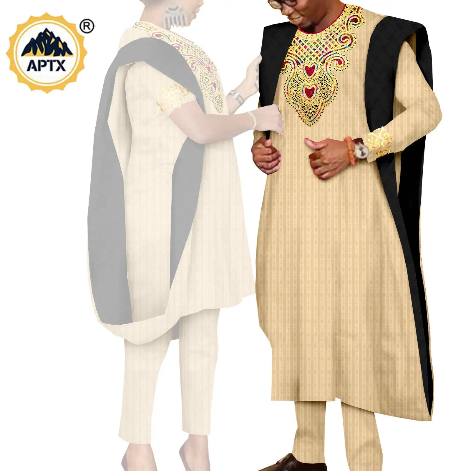 African 3 Pieces Suit for Men Matching Couple Outfits Agbada Dashiki Women Muslim Sets Bazin Riche Applique Robes Asoebi Y23C029