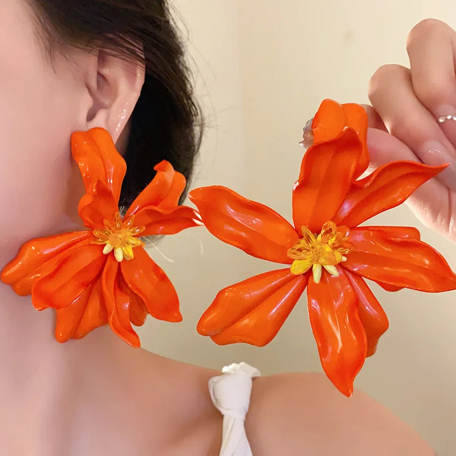 Bohomian Super Large Acrylic Flower Stud Earrings for Women Glass Petals Floral Earring Beach Vacation Charms