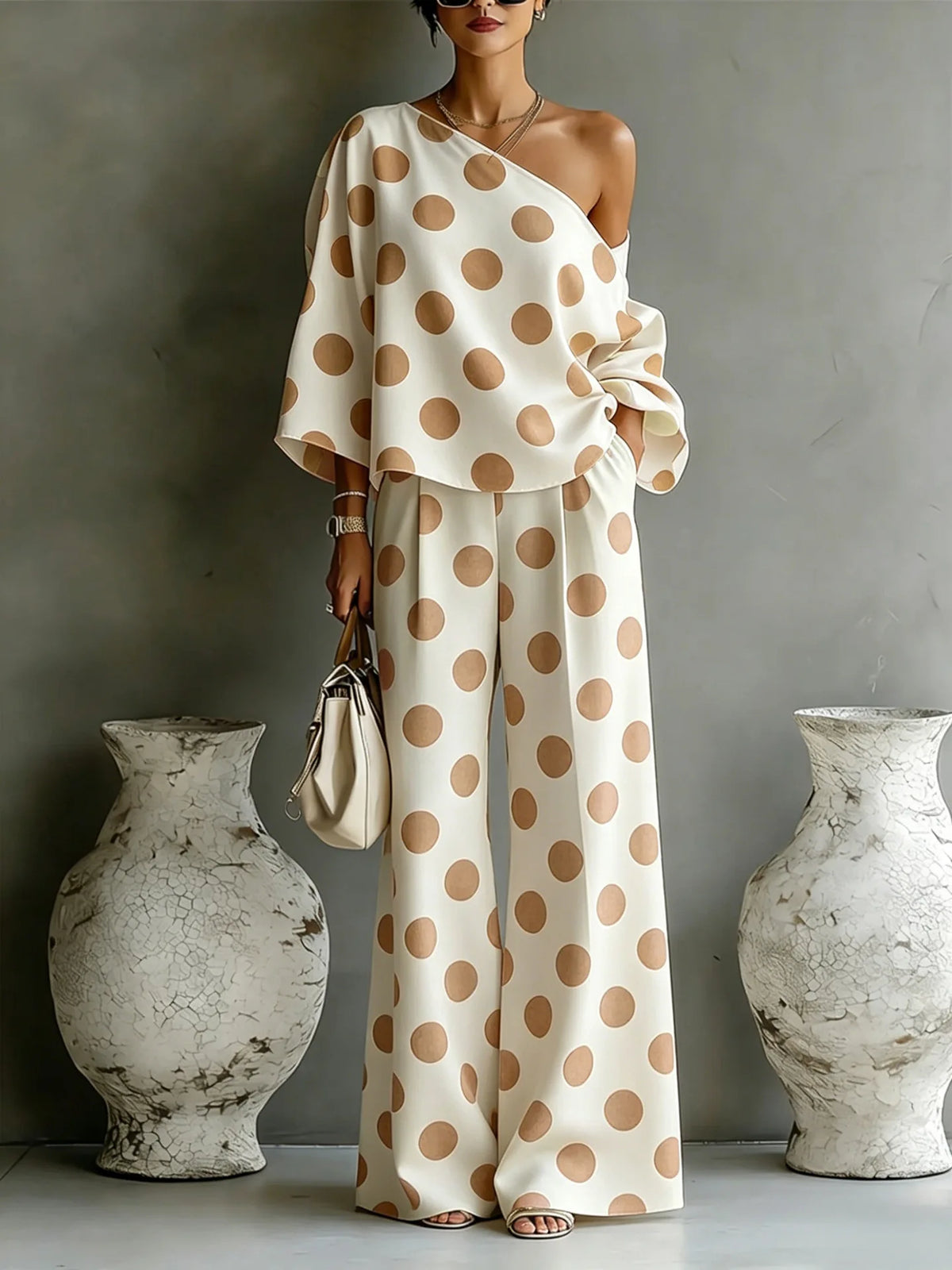 Women's Polka Dot Two-Piece Set — Slant Shoulder Top & High Waist Wide Leg Trousers