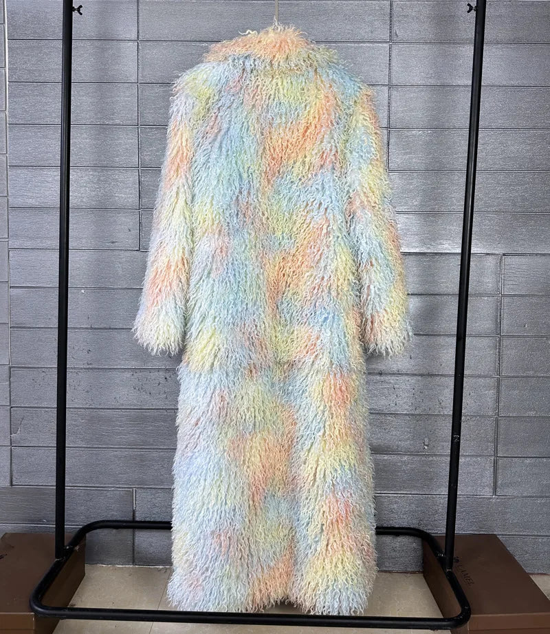 LANMREM Trendy Women's Faux Fur Coat Printed Colorful Furry Coats Autumn Winter Chic Suit Collar Thick Long Overcoat 2DB5840