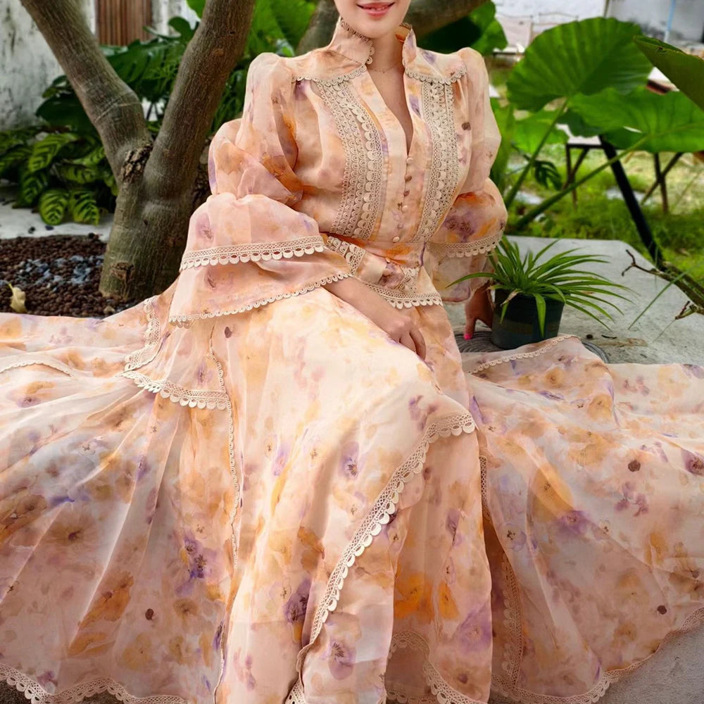 VGH Spring Colorblock Printing Dress for Women Stand Collar Puff Sleeves High Waist Elegant Birthday Party Long Dresses Female