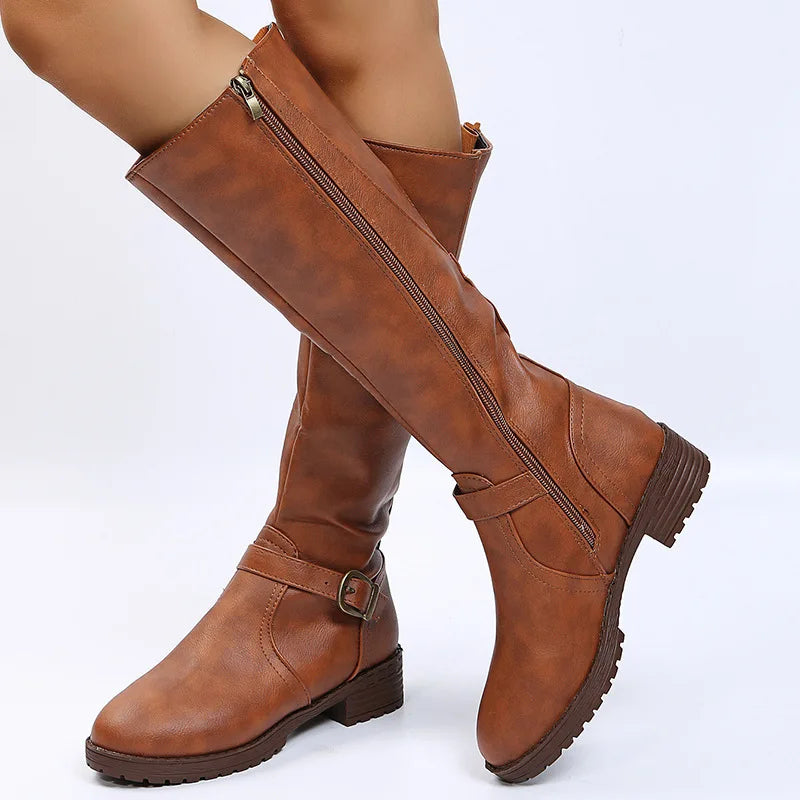 Women Knee High Boots Platform Long Boots Low Heels Round Toe Shoes New Zip Brown High Boot Vintage Pu Leather Women Boots 2025