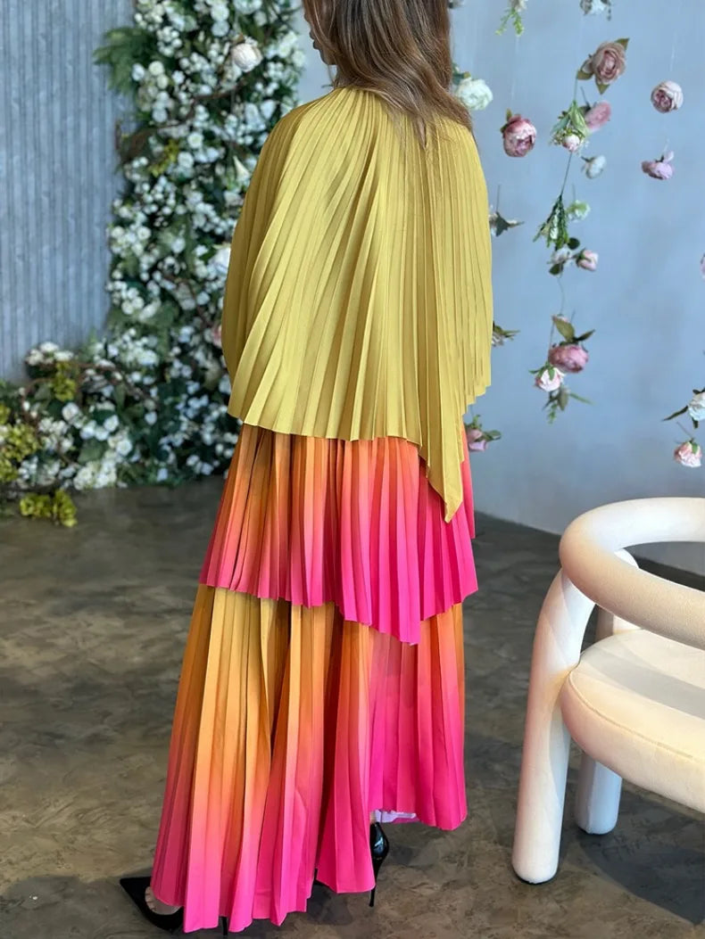 Women's Gradient Pleated Two-Piece Set | Irregular Top & High-Waist A-Line Skirt | Plus Size | AvantBah