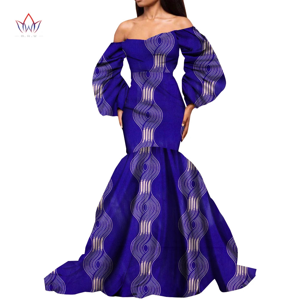 Dashiki African Dresses for Women Daily Party Wedding African Women Dresses Floor-Length Long Puff Sleeve Bandeau Dress Kg1092