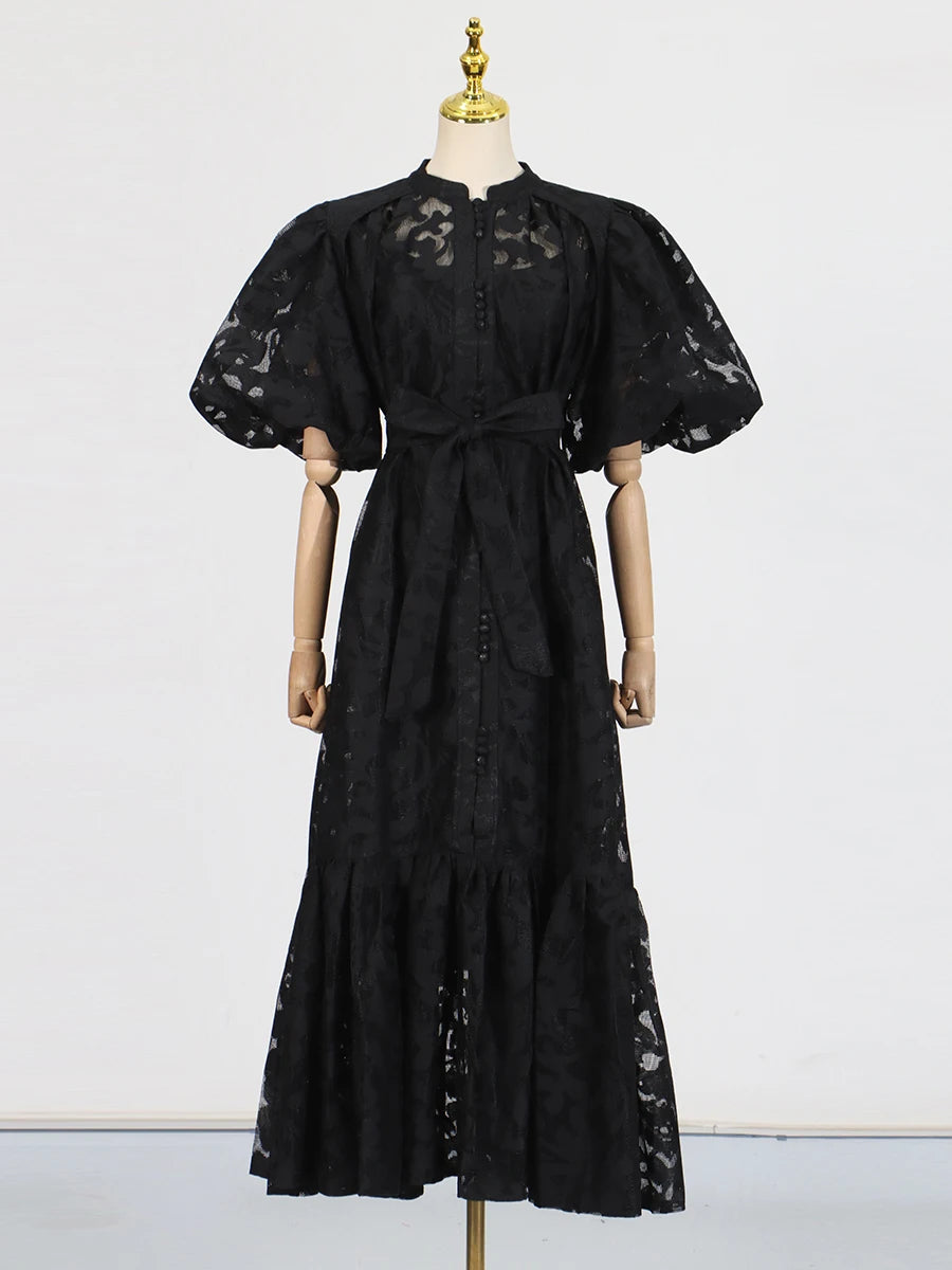 VGH Fashion Patchwork Bow Mesh Dresses for Women Round Neck Long Sleeve Spliced Embroidery Temperament Dress Female Clothing New