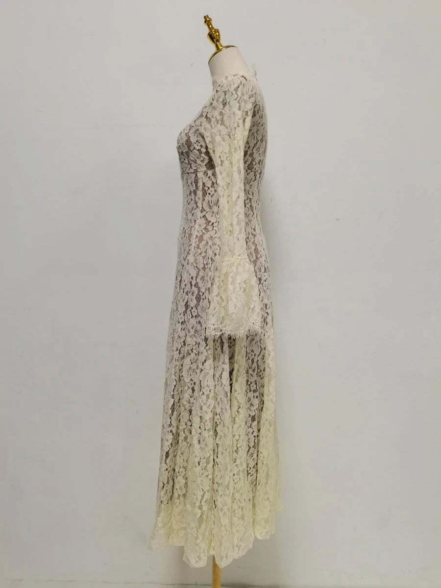 VGH White Loose Spliced Lace Chic Dresses for Women O Neck Long Sleeve French Elegant Dress Female Summer Fashion Style Clothing