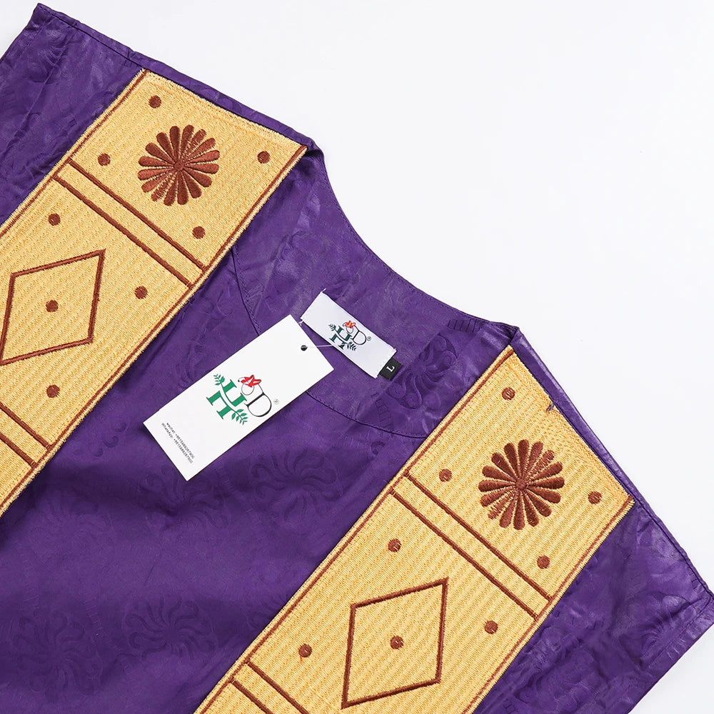 African Clothes for Men Bazin Riche Embroidery Design Long Sleeve Tops And Pants Suits 3 PCS Traditional Purple Outfit