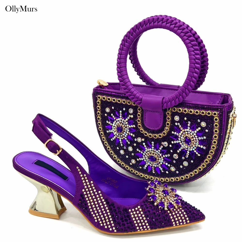 Italian Fashion Rhinestone Women Sanada Shoes And Bag Set Summer Style Woman Pumps Shoes And Bag Matching Set For Party