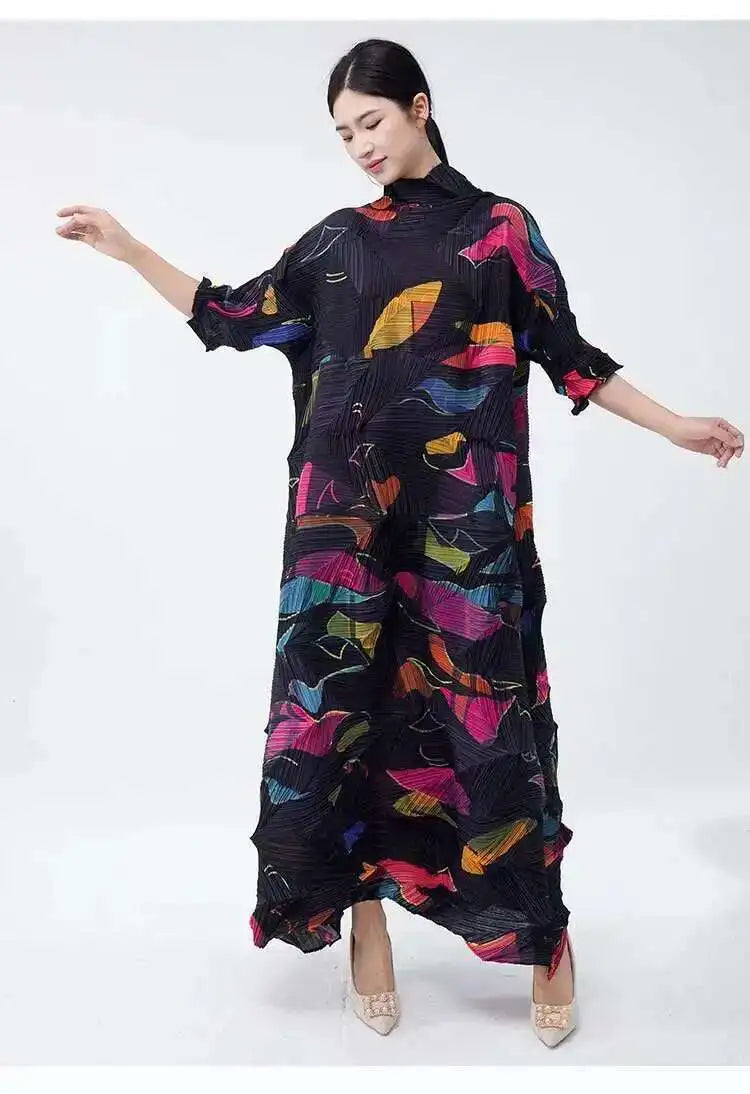 LANMREM Large Size Pleated Dress For Women Turtleneck Printing Loose Dresses Female Casual Clothing 2025 Spring New 2DB2113