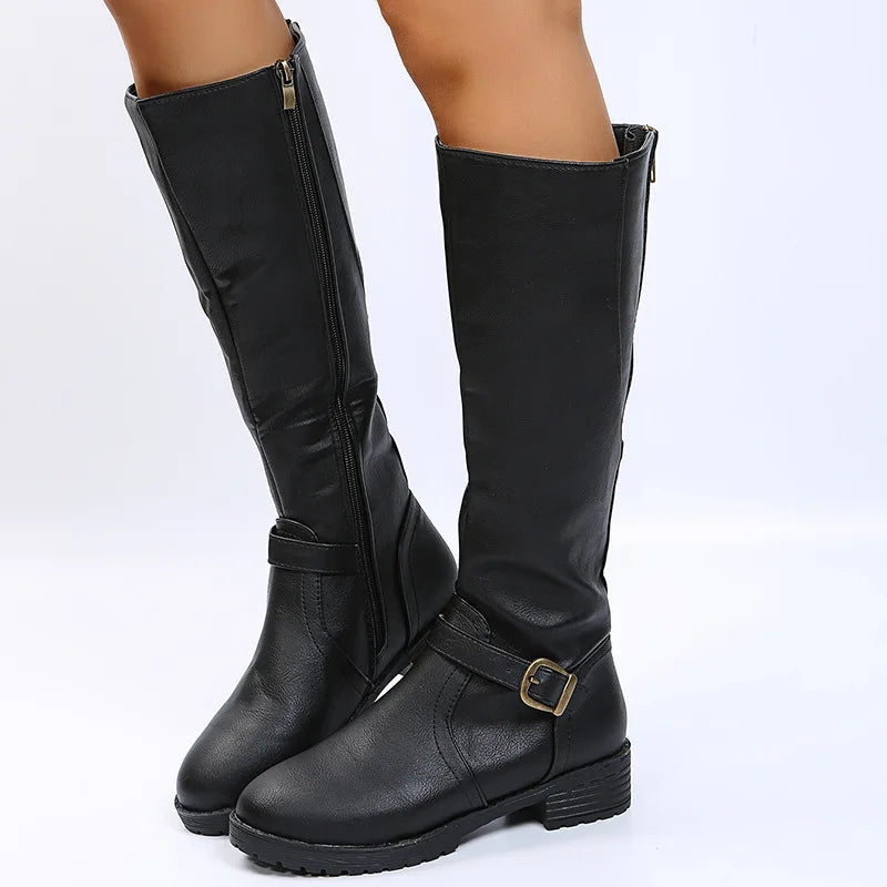 Women Knee High Boots Platform Long Boots Low Heels Round Toe Shoes New Zip Brown High Boot Vintage Pu Leather Women Boots 2025